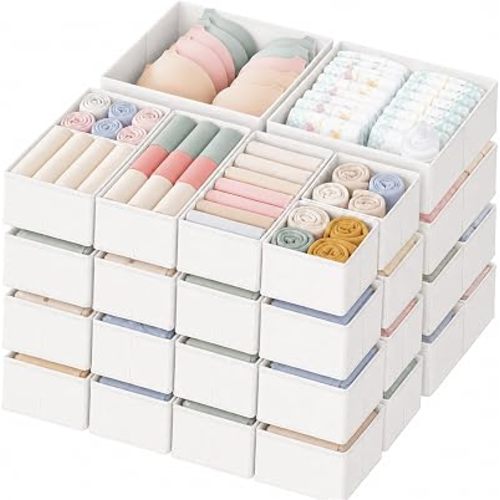 Criusia Drawer Organizer Clothes, 24 Pack Dresser Organizer for Baby Clothes, Underwear, Sock- Foldable Closet Organization and Storage Dividers Bins for Nursery, Bedroom and Dorm (White)