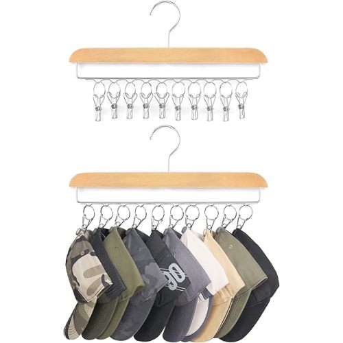 Mkono Hat Hangers for Closet Set of 2 Wooden Hat Racks Organizer for Baseball Caps with 20 Stainless Steel Clips, Baseball Hat Holder for Closet Storage, Fits All Caps, Wood Color