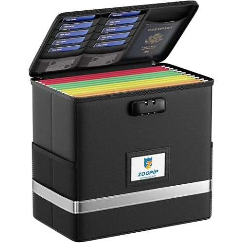 Fireproof File Box with Lock, Collapsible Document Organizer, Black