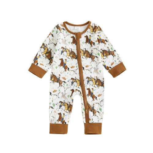 BemeyourBBs Baby Boy Western Cowboy Outfits Newborn Boys Romper Cactus Horse Print Long Sleeve Zip-up Jumpsuit Casual Infant Clothes