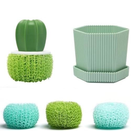 Dish and Pot Cleaning Brush with Holder Kitchen Cleaner Dish Scrub Brushes Dishes Pots Pans Cleaning Tool- 3 Replaceable Brush Heads