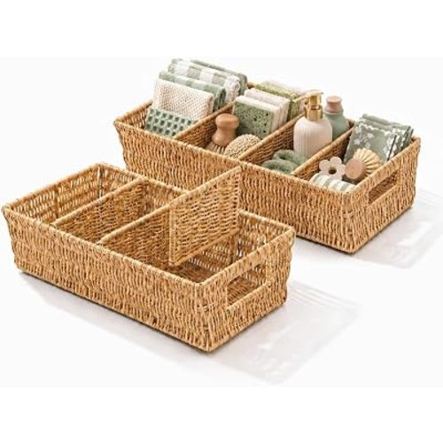 Nature-Inspired Rattan Pantry Organizer Baskets Set of 2 with 3 Removable Dividers – Handwoven Storage Bins for Kitchen or Bathroom Organization, Ideal for Snacks, Coffee & Tea (13” x 7.3” x 3.7”)