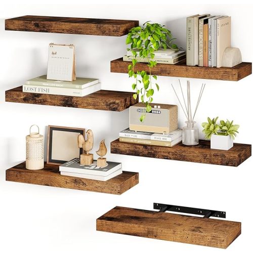 Fixwal 15.8in Wall Shelves, Rustic Wood Finish Floating Shelves Set of 4, Shelves for Wall Decor, with Invisible Brackets for Bathroom, Living Room,Bedroom and Kitchen(Rustic Brown) | Wall Shelves, for Bathroom, Living Room, Bedroom, Kitchen