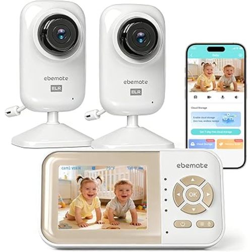 ebemate Update Freedom Wi-Fi Baby Monitor with 2 Camera, 2.8" LCD Screen Video & Audio with 4 x Zoom Mode & 720P HD Camera, 2-Way Talk Cam with Intelligent Review & Growth Album,1200FT