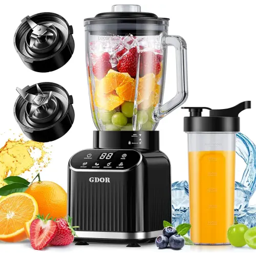 GDOR Professional Blender for Kitchen, 1200 Peak Watts Smoothie Blender, 5 Functions for Ice Crushing & Frozen Fruit, 52 Oz Glass Jar & 24 Oz To-Go Cup Combo, Self-Cleaning, Black