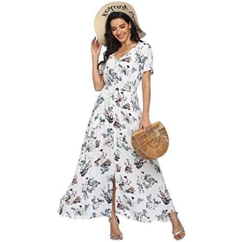 VintageClothing Women's Floral Maxi Dresses Boho Button Up Split Summer Casual Long Dress Beach Party Dress