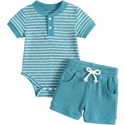 Baby Boy Clothes Ribbed Short Sleeve Striped Romper Top Solid Shorts with Pocket Baby Boy Summer Outfits 0-18M