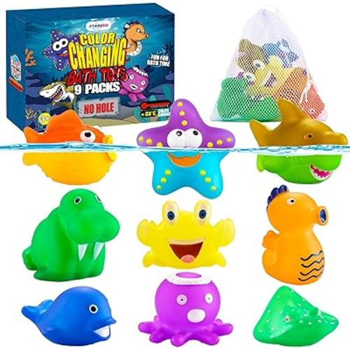 9 Packs Color Changing No Hole Bath Toys for Kids Toddlers Baby, Christmas Stocking Stuffers for Toddlers, Color Change Sea Creatures Ocean Animal Water Table Toys with Drying Bag