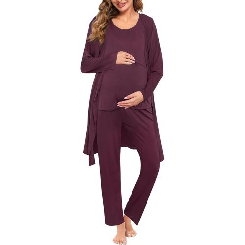 SWOMOG Maternity Nursing Robe Set 3 PCS Women Postpartum Pajamas Breastfeeding Labor Delivery Hospital Pregnancy Pjs