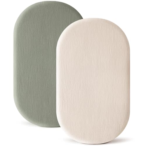Konssy 2 Pack Muslin Bassinet Sheets for Baby Boy, 100% Cotton Soft Breathable Bassinet Mattress Sheets Fit for Hourglass Oval Cradle Rectangle Mattress (Fog Green,Cream)