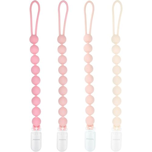 MINMUNJIU Baby Girl Newborn Essentials, 4 Pack Silicone Pacifier Clips for Girls, One Piece Flexible Soft Binky Clips Baby Stuff and Gifts for Girls