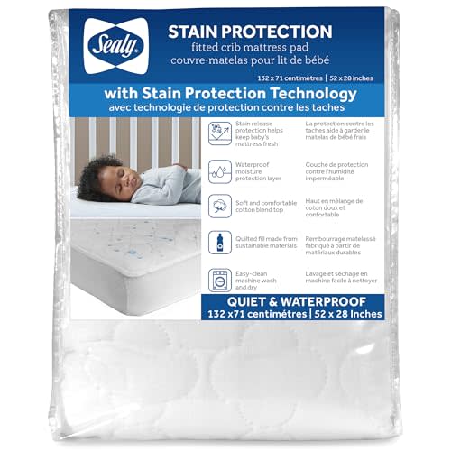 Sealy Baby Stain Protection Waterproof Crib Mattress Protector – Noiseless Fitted Sheet Cover with Quilted Cotton-Blend Top for Comfort – Machine Washable and Easy-to-Clean Toddler Pad, 52 x 28, White