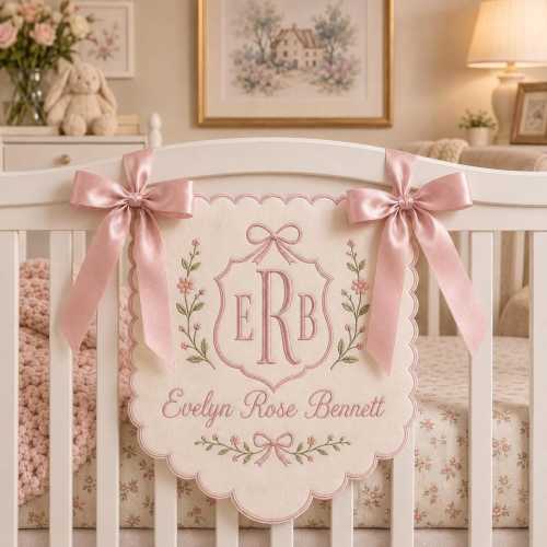 Personalized Embroidered Baby Hospital Banner - Floral Crest Monogram Name Sign, Nursery Wall Decor, Newborn Keepsake, Baby Shower Gift