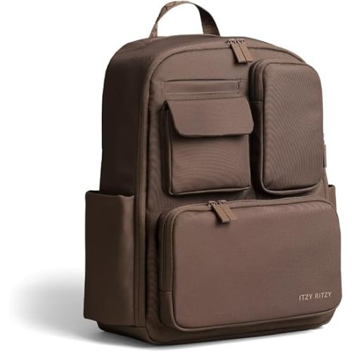 Itzy Ritzy Utility Diaper Bag Backpack – Features 17 Pockets (Including 2 Insulated Bottle Holders) & Trolley Sleeve and Includes Stroller Straps & Changing Pad – Part of the Belong Collection (Mocha)