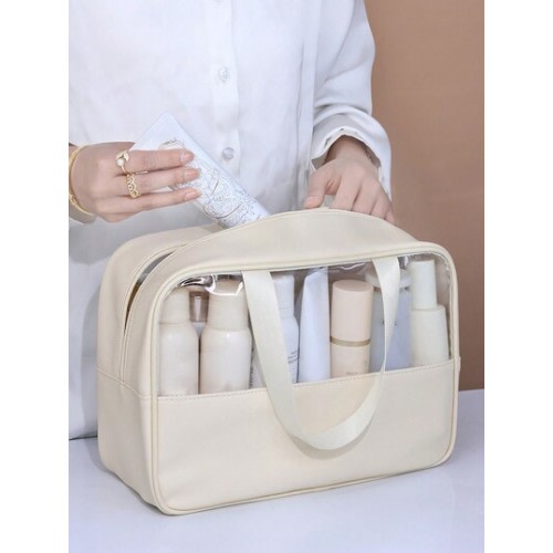 1pc Beige PU Leather Clear Wash Bag, Makeup Bag, Toiletry Bag, Travel Bag, Portable, Lightweight, Durable, Stylish, For Home, For Outdoor, Daily Use | SHEIN USA