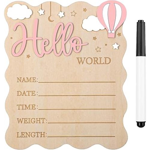 Baby Announcement Sign,Wooden Hello World Newborn Signs Birth Announcement Sign and Pen for Baby Shower Hospital Nursery Newborn Boys and Girls (Pink)