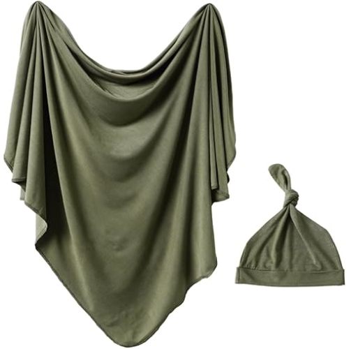 iEvolve Cotton Knitted Baby Swaddle Blanket with Hat Headband Set Newborn Swaddle Wrap Receiving Blankets for Baby Girl Boy 35" x 35"(OliverGreen)