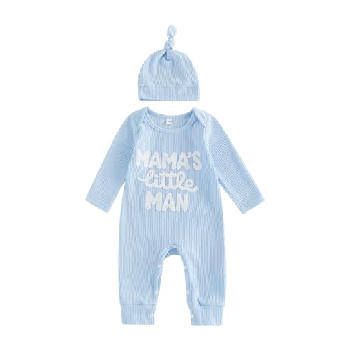 Sejardin Newborn Infant Baby Boy Fall Jumpsuit Letter Embroidery Romper | Baby Boy Autumn Spring Clothes Long Sleeve Crew Neck Jumpsuit Outfit with Hat