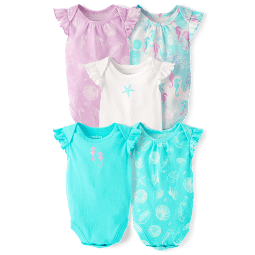 Baby Girls Seahorse Flutter Bodysuit 5-Pack - Blue