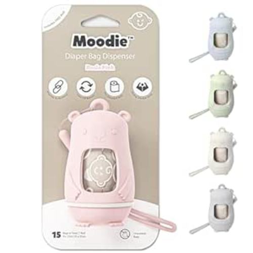 Teddy Bear Diaper Bag Dispenser | Diaper Trash Bags on the Go Dispenser w/Silicon Strap | 15 UNSCENTED Baby Poop Bags per Roll | Dirty Diaper Bags Disposable | Diaper Waste Bags (ROSIE PINK)