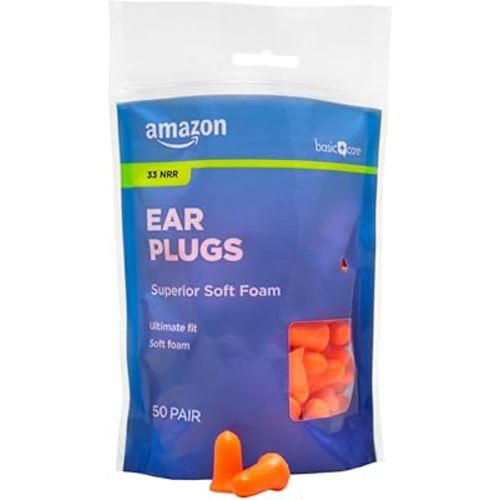 Amazon Basic Care Soft Foam Earplugs, 100 Count (1 Pack of 50 Pairs)
