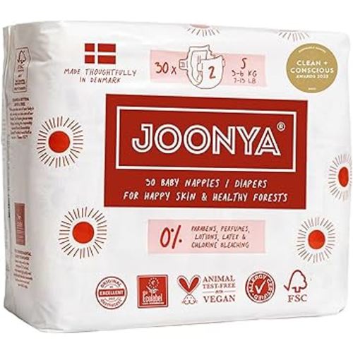 Joonya Baby Diapers, Size 2 S (7-13 lb) - 1 Bag of 30 - New Range - NonToxic, Eco-Friendly, Ultra Slim, Overnight Use - Made in Denmark
