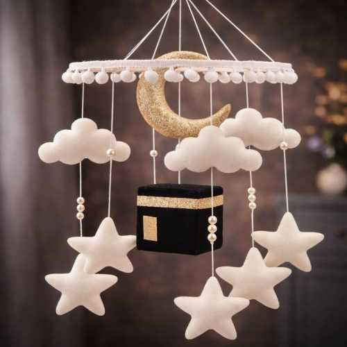 Islamic Baby Mobile with Kaaba & Gold Moon | Muslim Nursery Decor | Handmade Crib Mobile
