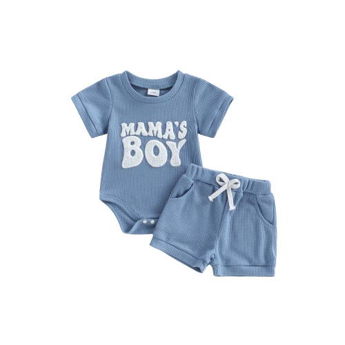 BemeyourBBs Newborn Baby Boys Mama's Boy Outfit Infant Baby Boy Summer Clothes Waffle Knit Short Sleeve Letters Embroidery Romper with Shorts Set 2Pcs Outfits