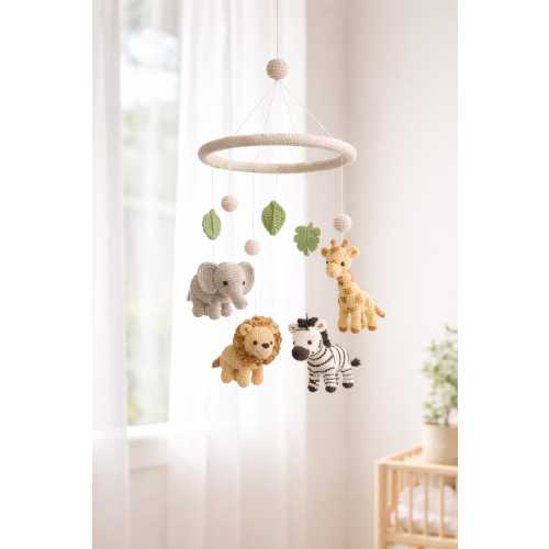 Crochet Safari Animal Mobile with Giraffe, Lion, Elephant & Zebra – Soft Plush Hanging Nursery Decor