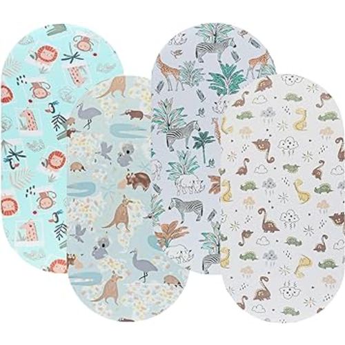 Onacosht Bassinet Sheets for Baby Boy and Girl, Stretchy Breathable Fitted Sheet Universal for Bassinet Cradle Hourglass Oval Rectangle Pad/Mattress, 4 Pack Woodland Animal Printing
