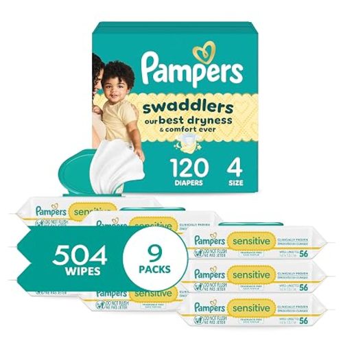 Pampers Swaddlers Diapers, Size 4 (15-34 lbs), 120 Count + Sensitive Baby Wipes, 504 Wipes Total (6X Flip-Top Packs) [Packaging May Vary]