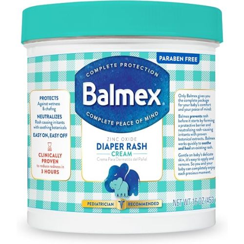 Balmex Fast-Acting Baby Diaper Rash Cream with Zinc Oxide + Soothing Botanicals, Pediatrician-Recommended, 16oz