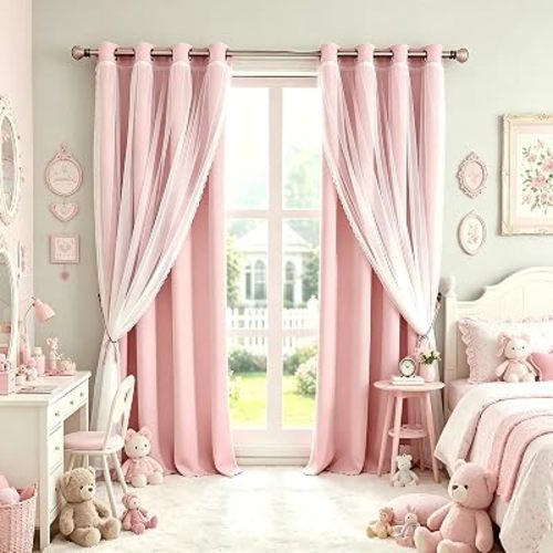 Pink Blackout Curtains with Lace Hems Sheer Overlay, 2 Panels, Thermal Insulated & Soundproof, Room Darkening, Living Room, Bedroom - Modern Elegant Romanntic Pink Drapes, 52x84 Inches