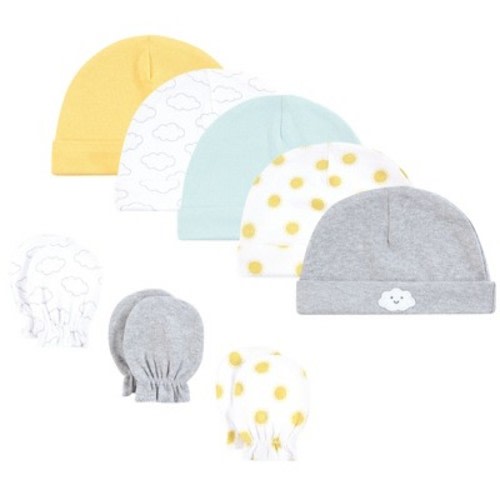 Hudson Baby Infant Cotton Cap and Scratch Mitten Set, Sunshine And Clouds, 0-6 Months