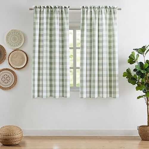 Sage Green White Plaid Semi Sheer Curtains 72 Inches,Nature-Inspired Living Room Window Drapes,Airy Light Filtering with a Soothing Checkered Pattern,Rod Pocket,52" Wx72 L(Pack of 2)
