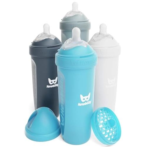 Herobility Anti-Colic Baby Bottles 12 fl oz/340ml - Pack of 4 Plastic Baby Bottles, Slow Flow Plastic Bottles, Breast-Shaped Teat for Breastfed Babies, – Multicolor - White, Gray, Iron Blue, Blue