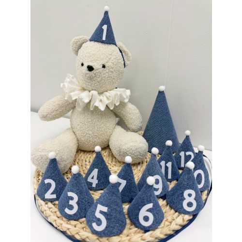 Baby Monthly Milestone Hat Set with Teddy Bear – Denim Theme (1–12 Months)
