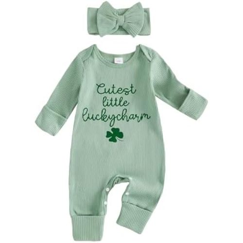 My First St Patricks Day Baby Girl Outfit Cutest Little Lucky Charm Romper Jumpsuit Clover Onesie Newborn Clothes