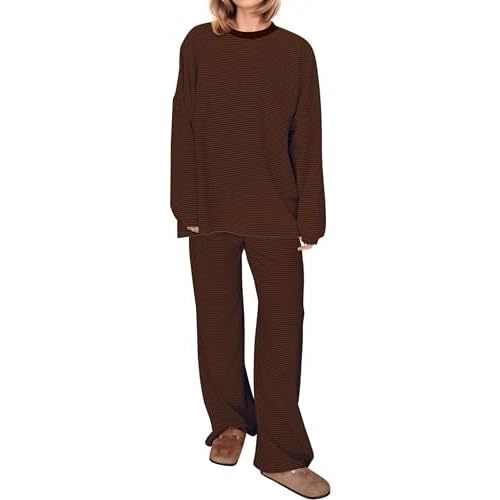MISSACTIVER Women's 2 Piece Striped Lounge Set Long Sleeve Oversized T-Shirt Wide Leg Pants Matching Pajamas Set