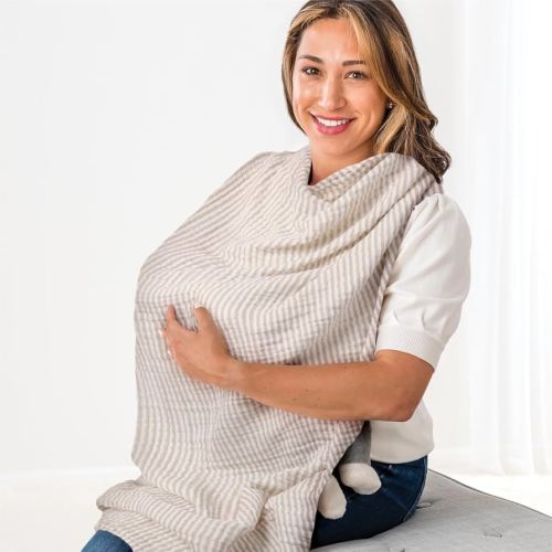 Itzy Ritzy Breastfeeding Boss Multi-Use Cover – A Nursing Cover, Swaddle, Car Seat Wrap, Tummy Time Mat & Burp Cloth All in One – Made of Soft Muslin Fabric & Measures 47” x 47” (Taupe Stripe)