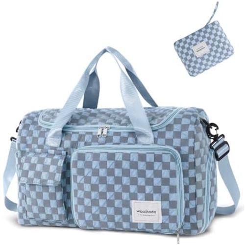WOOMADA Foldable Travel Duffel Bag with Shoes Compartment, Overnight Bag with Wet Pocket & Trolley Sleeve, Weekender Bags for Women (blue checkerboard)