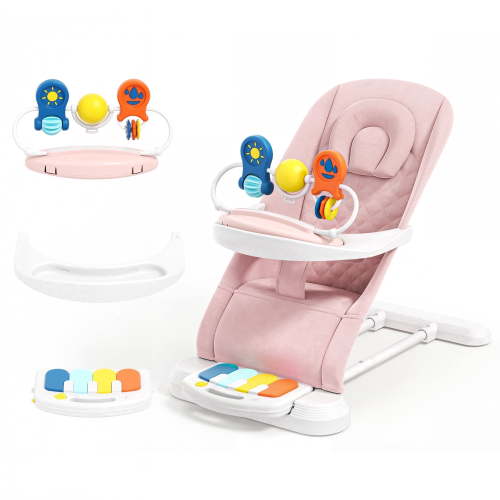 Babyomi 4 in 1 Baby Bouncer, 3-Level Recline Foldable Rocker for Infant to Toddler 0-6 with Detachable Pianos, Feeding Tray and Play Bar 12-24 Months, Girls and Boys Gift, Pink