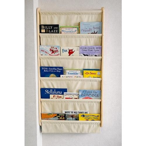 Montessori Wall Mounted Soft Canvas Fabric Bookshelf 5 Tier, Solid Pine Wood Kids Book Rack with Deep Pocket, Nursery & Playroom Space Saving Behind Door Shelf
