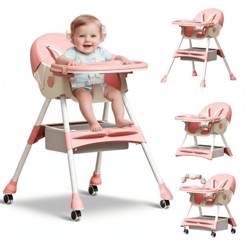 BEJOLO Baby High Chair, 4-in-1 Foldable Highchair Dining Feeding Chair with Double Dining Plate & Toy Rack, Infant to Toddler, Pink