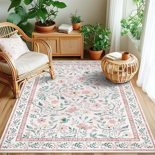 SHACOS Pink 3x5 Floral Area Rugs for Living Room, Machine Washable Boho Rugs for Bedroom Non Slip Soft Low-Pile Nursery Carpet for Kids Room Dining Room Entryway Indoor