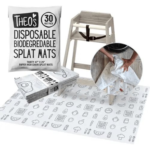30 Pack | Disposable Splat Mats | Biodegradable + Compostable | THEO'S MATS | Under Highchair Splat Mat for Floor | Baby Led Weaning Supplies | (THEO001)