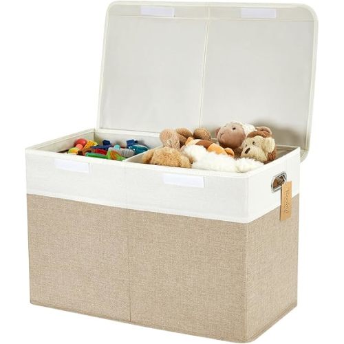 Large Toy Box with Flip-Top Lid, Collapsible Storage Organizer Bins with Dividers and Handles, Kids Bin Chest Baskets for Toys, Playroom Organizers, Nursery 25"x13" x16" (Beige & White)