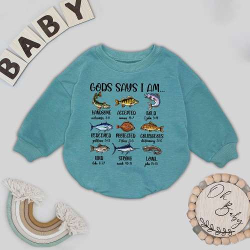 Kids God Says I Am Romper, Christian Baby Outfit, Bass Fishing Baby Bodysuit, Jesus Christian Infant Clothes, Faith Baby Shower Gift