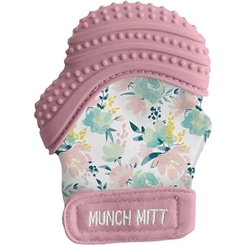 Malarkey Kids Patented Teething Mitten, Munch Mitt Baby Chew Toy - Protects Hands from Chewing & Saliva, Heals Aching Gums, Promotes Sound & Visual Stimulation for Babies - Pink Floral