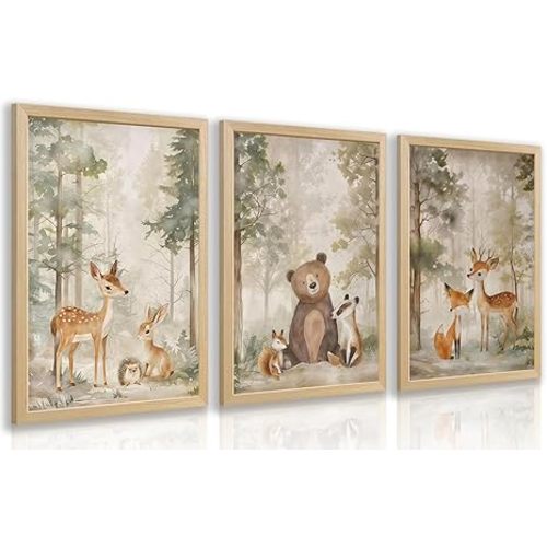 LLEEMPI Woodland Nursery Wall Decor Set of 3, Cute Forest Animal Wall Art, Bear Fox Deer Watercolor Canvas Prints, Vintage Nature Poster Prints for Kids Bedroom Bathroom Playroom Wood Framed 12x16 Inch